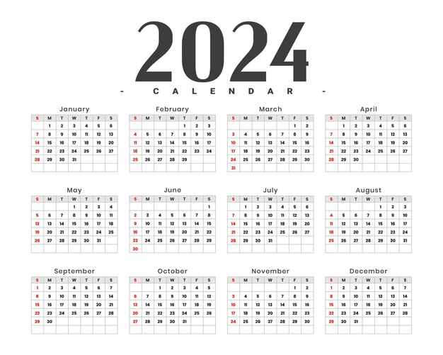 plantilla de calendario de año nuevo de 2024 con vector de diseño mínimo de meses y fechas