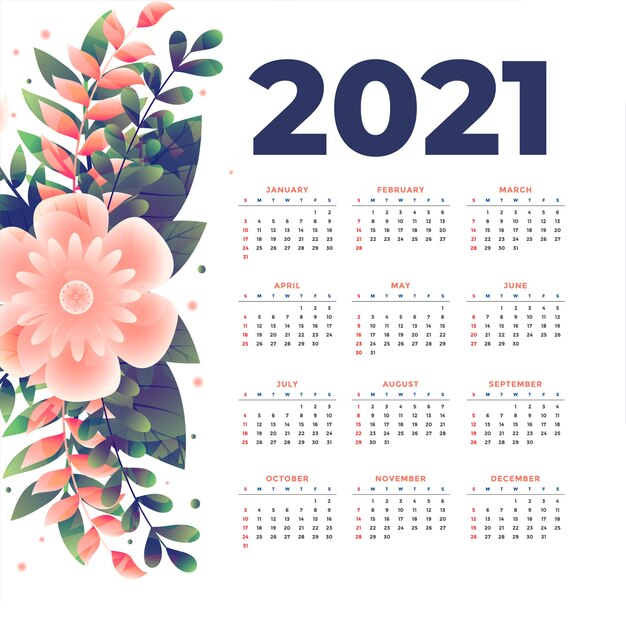 plantilla de calendario de año nuevo con decoración floral