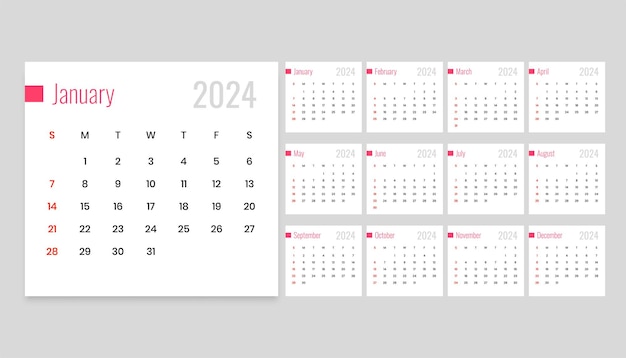 Vector gratuito plantilla de calendario de año nuevo de estilo mínimo 2024 para el vector de papelería de oficina