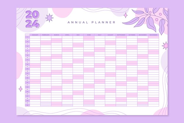 Plantilla de calendario anual 2024 dibujada a mano con hojas