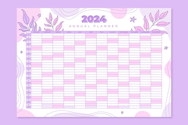 Plantilla de calendario anual 2024 dibujada a mano con hojas