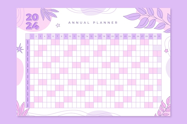 Plantilla de calendario anual 2024 dibujada a mano con hojas