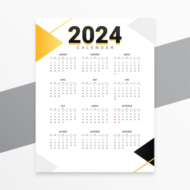 Vector gratuito plantilla de calendario anual 2024 de estilo minimalista para vector de planificador de eventos