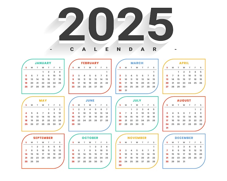 Vector gratuito plantilla de calendario anual colorido para 2025 horario tarea de oficina