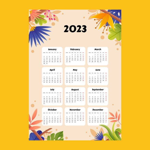 Plantilla de calendario anual degradado 2023