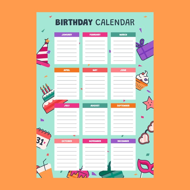 Plantilla de calendario de cumpleaños dibujada a mano
