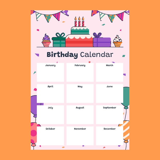 Plantilla de calendario de cumpleaños dibujada a mano