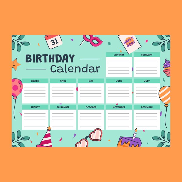 Plantilla de calendario de cumpleaños dibujada a mano