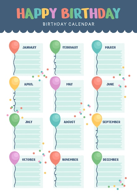 Vector gratuito plantilla de calendario de cumpleaños dibujada a mano