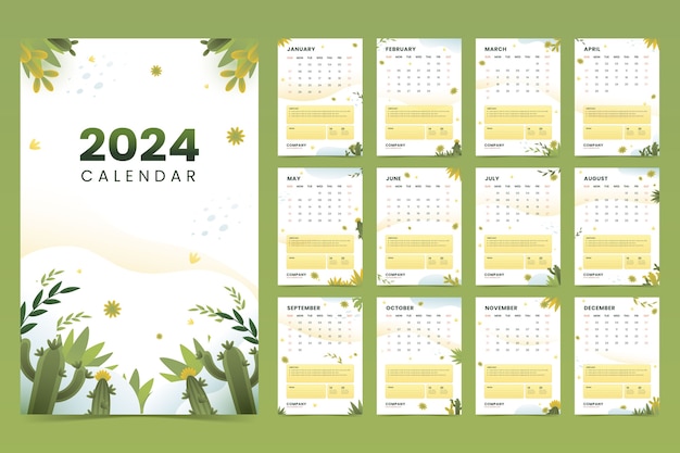 Vector gratuito plantilla de calendario degradado 2024 con vegetación