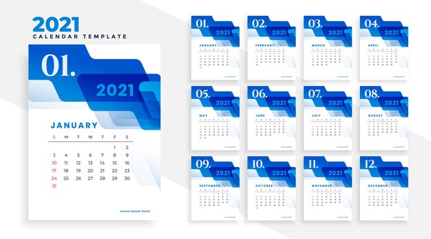 Plantilla de calendario empresarial azul 2021 con formas abstractas