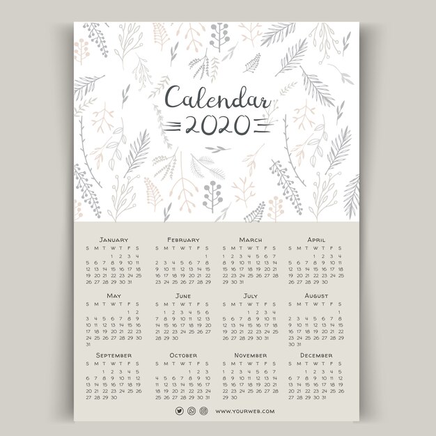 Plantilla de calendario floral 2020 dibujados a mano