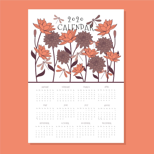 Vector gratuito plantilla de calendario floral 2020