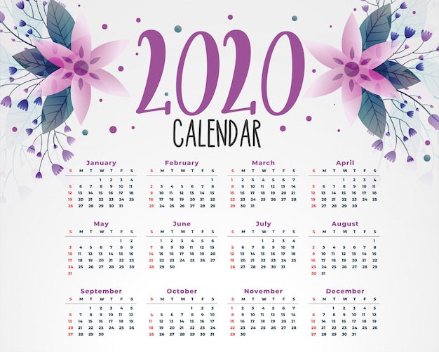 Plantilla de calendario de flores 2020