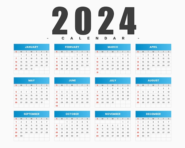 plantilla de calendario de horario anual de 2024 en blanco y azul en vector de estilo mínimo