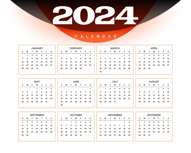 Plantilla de calendario imprimible de año nuevo 2024 para gestionar eventos vectoriales