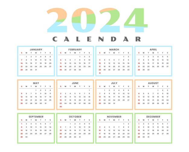 Plantilla de calendario en inglés de 2024 para vector de planificador de eventos moderno