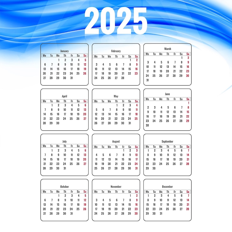 Vector gratuito plantilla de calendario inglés 2025 con fondo de onda creativa azul