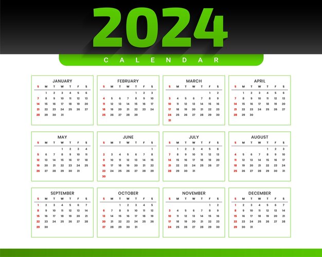 plantilla de calendario inglés elegante para el año nuevo de 2024 un vector de diseño de página completa