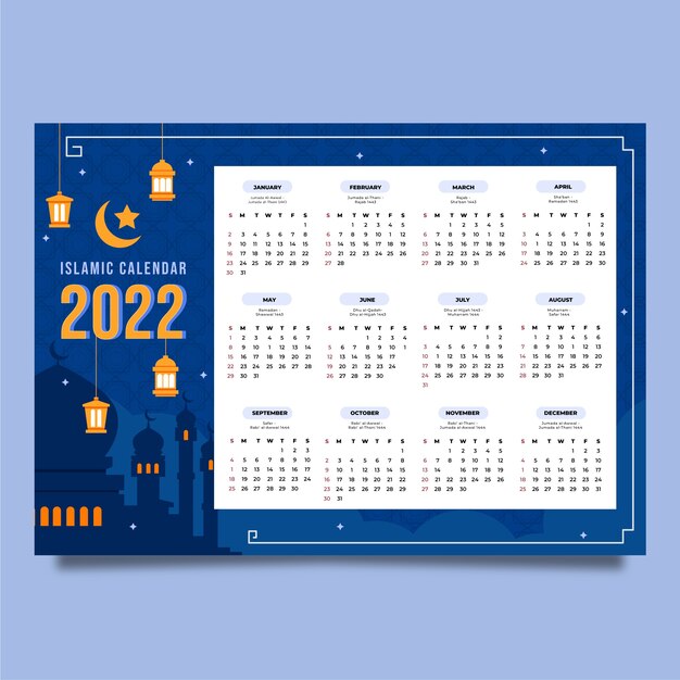 Plantilla de calendario islámico plano dibujado a mano