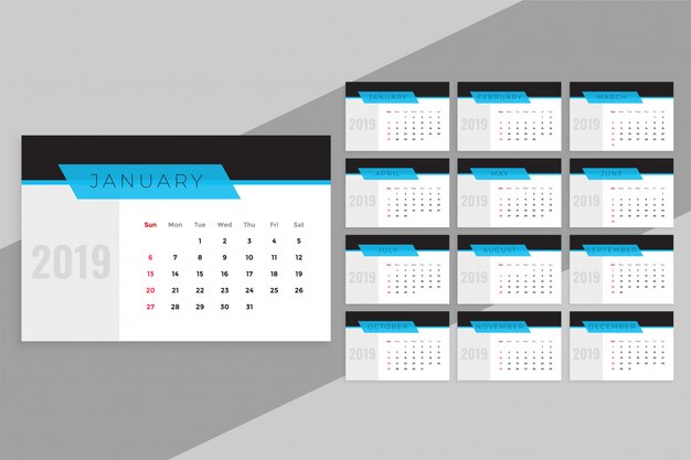 Plantilla de calendario limpia azul 2019