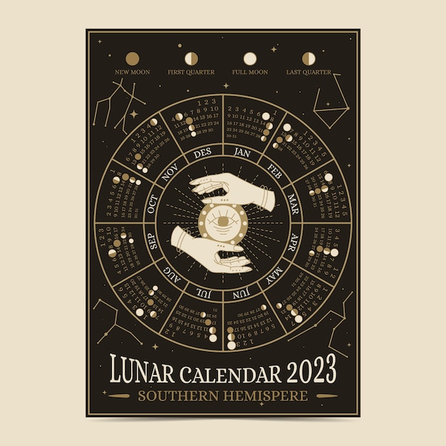 Vector gratuito plantilla de calendario lunar 2023 dibujada a mano