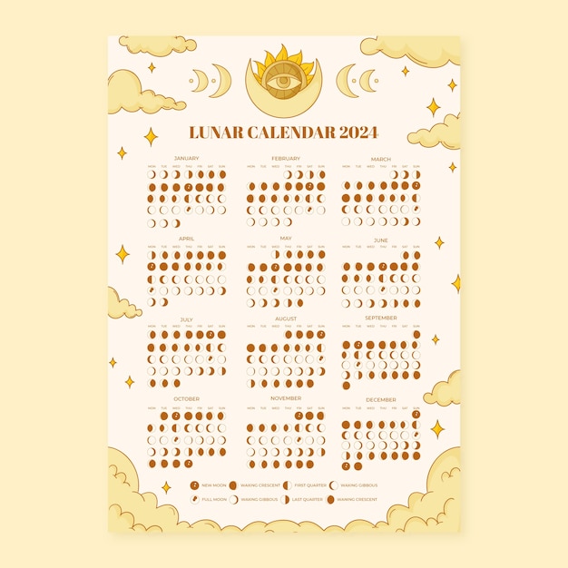 Calendario Lunar 2024. Diseño De Calendario Astrológico. Planificador.  Lugar Para Pegatinas. Maqueta Del Planificador De Ciclo Mensual. Fondo  Blanco Y Negro Aislado Ilustraciones svg, vectoriales, clip art vectorizado  libre de derechos. Image