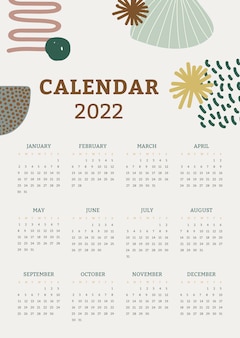 Plantilla de calendario mensual 2022, vector de diseño floral de memphis