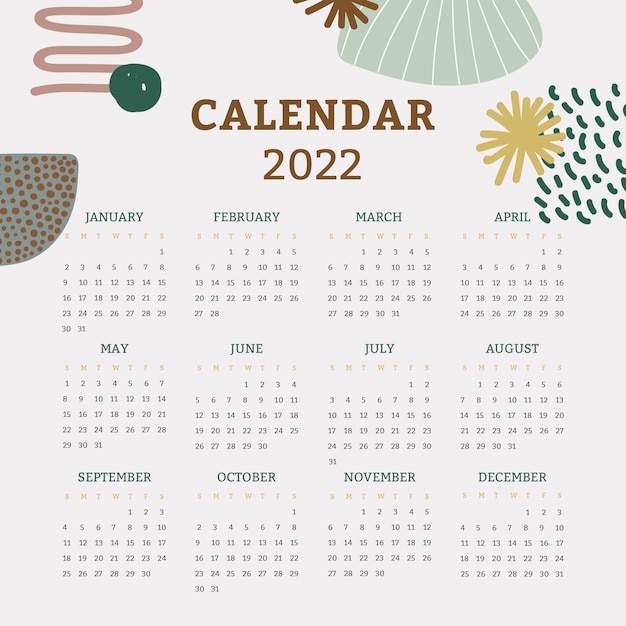 Vector gratuito plantilla de calendario mensual 2022, vector de diseño floral de memphis