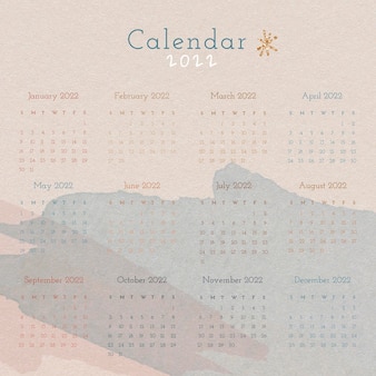 Plantilla de calendario mensual acuarela 2022, vector de diseño estético