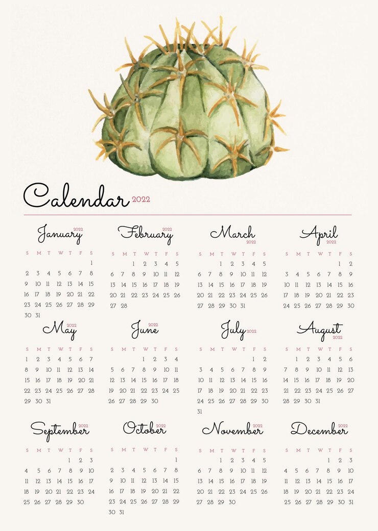 Vector gratuito plantilla de calendario mensual de cactus 2022, vector de ilustración acuarela