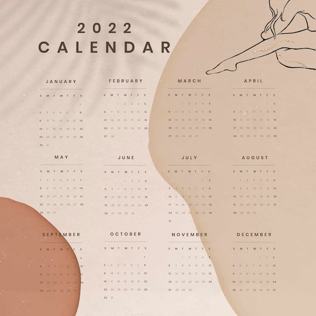 Vector gratuito plantilla de calendario mensual estético 2022, vector de cuerpo femenino