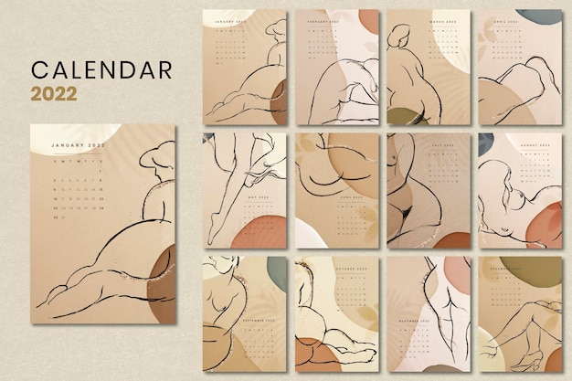 Plantilla de calendario mensual femenino 2022, conjunto de vectores de diseño estético