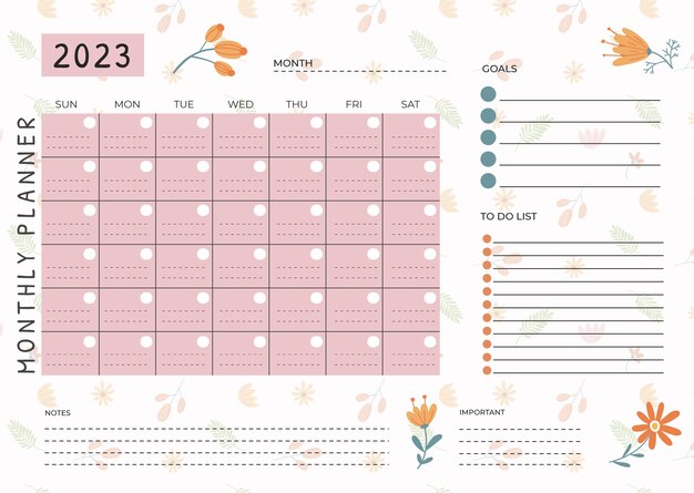 Plantilla de calendario mensual plano 2023