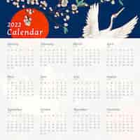 Vector gratuito plantilla de calendario mensual vintage 2022, vector patrón japonés. mezcla de obras de arte antiguas de watanabe seitei.