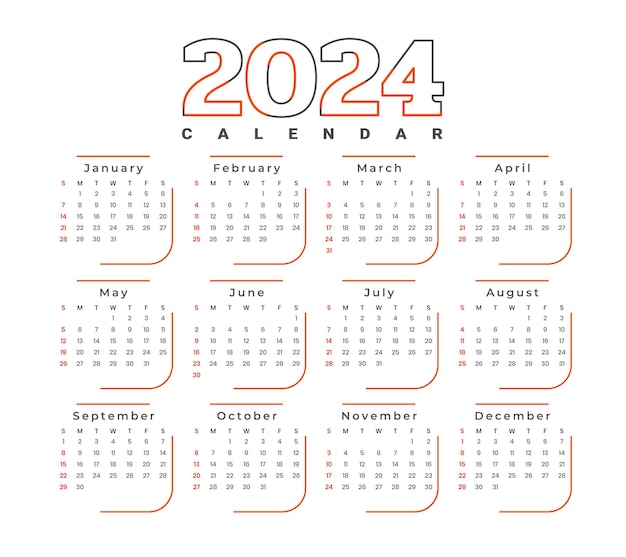 Plantilla de calendario de página completa de estilo de línea 2024 con vector de diseño de meses y fechas