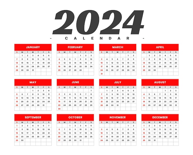 Vector gratuito plantilla de calendario de pared blanco y rojo 2024 programar eventos vector