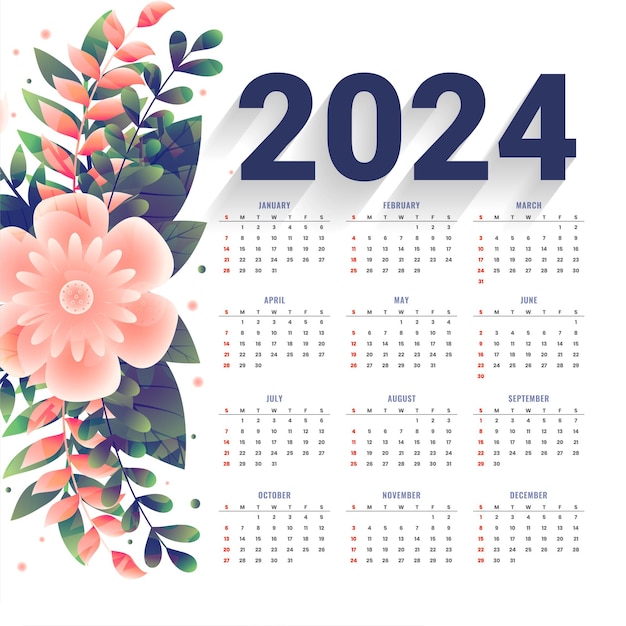 Vector gratuito plantilla de calendario de pared decorativo de 2024 con un hermoso vector de diseño floral