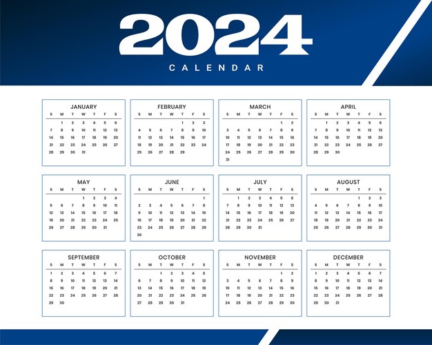 Plantilla de calendario planificador anual 2024 en blanco y azul, un vector de diseño imprimible