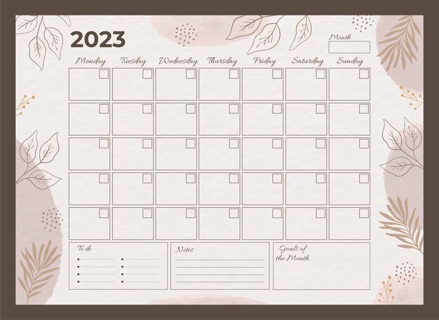 Plantilla de calendario planificador mensual 2023 dibujado a mano