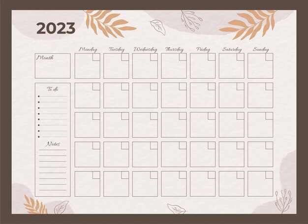 Plantilla de calendario planificador mensual 2023 dibujado a mano