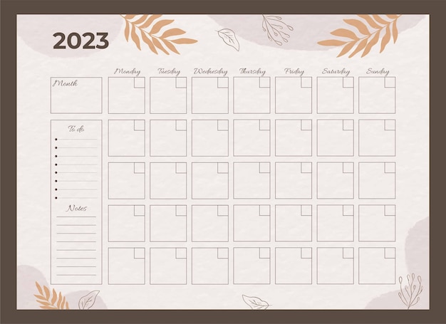 Plantilla de calendario planificador mensual 2023 dibujado a mano