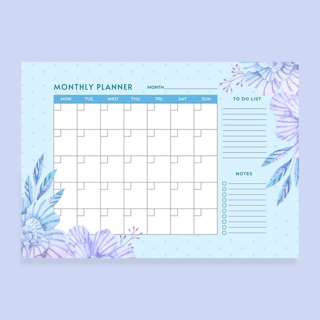 Plantilla de calendario de planificador mensual de acuarela