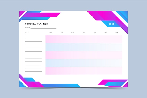 Vector gratuito plantilla de calendario planificador mensual degradado 2023