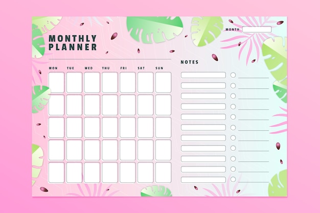 Vector gratuito plantilla de calendario planificador mensual degradado