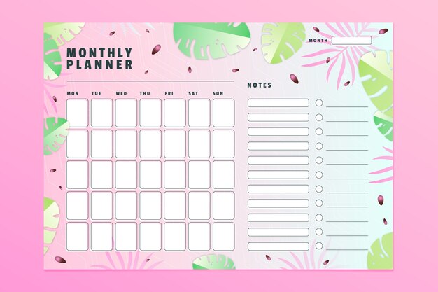 Plantilla de calendario planificador mensual degradado