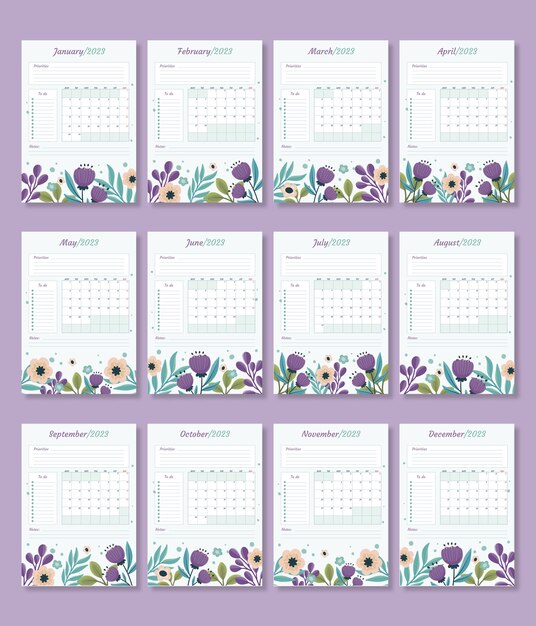 Plantilla de calendario de planificador de pared anual plana 2023