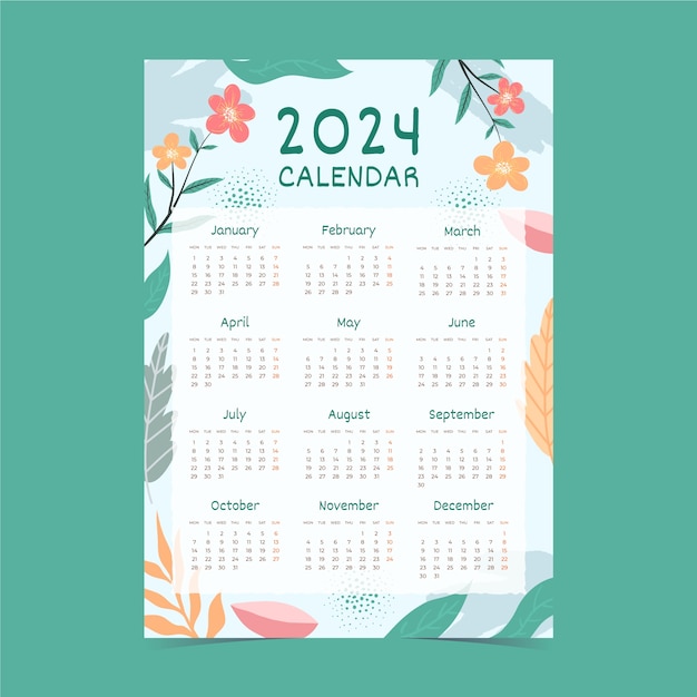 Plantilla de calendario plano 2024 con flores