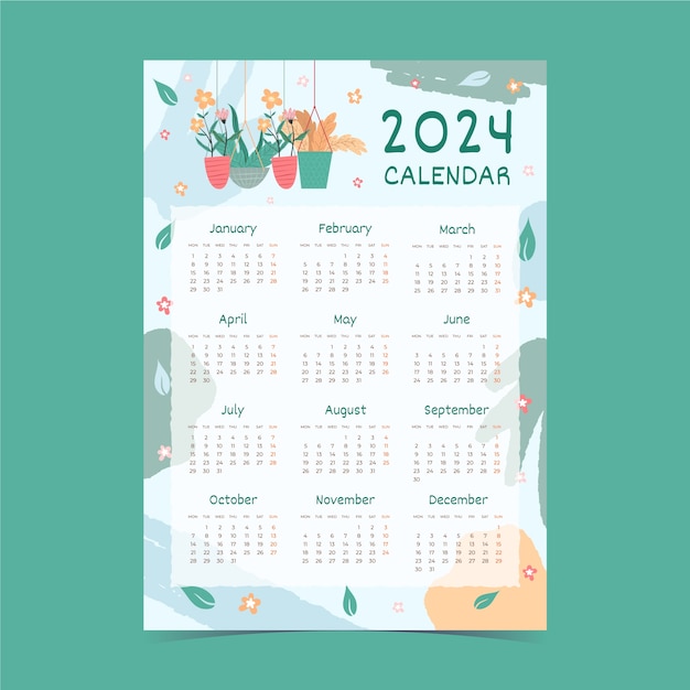 Plantilla de calendario plano 2024 con flores