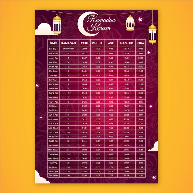 Vector gratuito plantilla de calendario de ramadán degradado